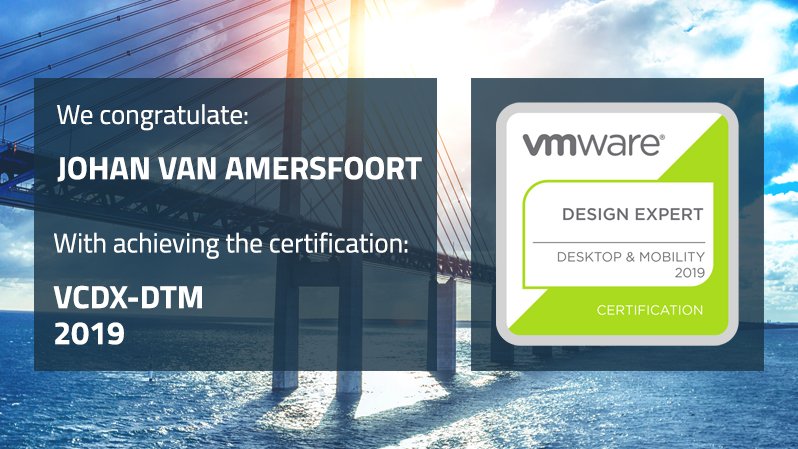 ITQ's tweet photo. We congratulate Johan van Amersfoort on achieving his VCDX-DTM 2019 certification and becoming the first in the BeNeLux! ๐๐
Well done, @vhojan! https://t.co/Wo0MqhWWp1