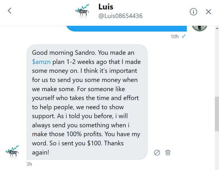 Sandro_power's tweet image. I just received 100 dollars from Luis a member inside of PowerGroupTrades who made 100% gains on my last $AMZN see his message that he sent me. I also did a lot of coaching on that trade inside of  PowerGroupTrades this  Video shows the $AMZN details  youtube.com/watch?v=VZY23O…