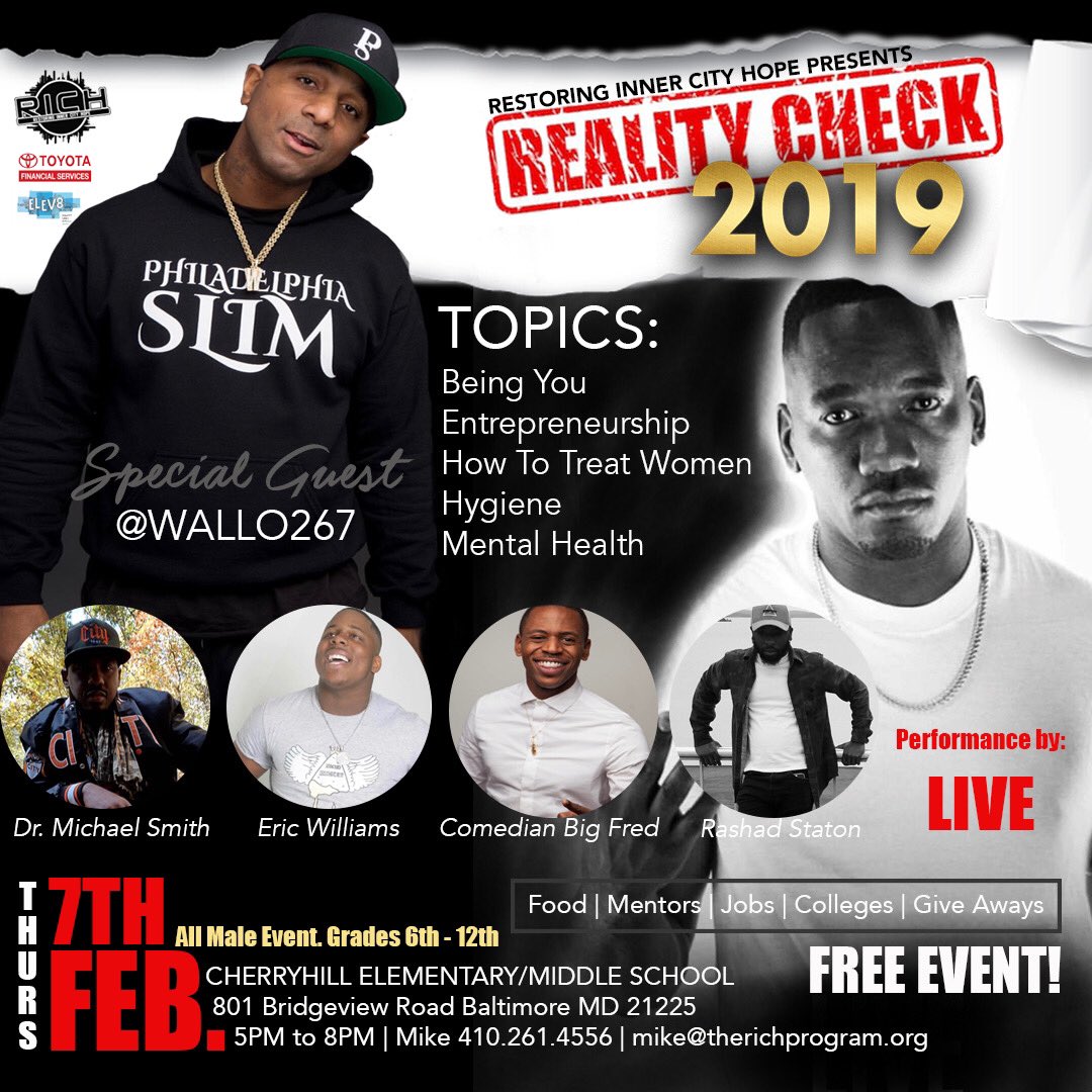 therichprogram's tweet image. We are calling all males of Baltimore City to join us for an HONEST "man to man" conversation. We will have mentors, jobs, colleges, food, and a lot of opportunities for the youth. February 7th from 5-8 @ Cherry Hill Elementary/Middle 801 Bridgeview Rd.