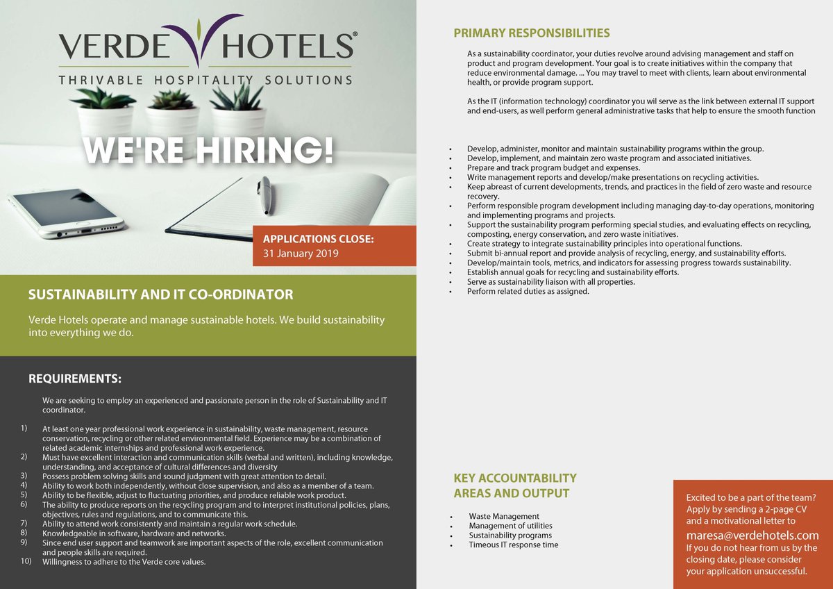 VerdeHotels's tweet photo. We're looking for a Sustainability and IT Coordinator to join our growing team in CPT! Apply by sending a 2-page CV and cover letter to maresa@verdehotels.com. Only qualified applicants will be contacted within 2wks of closing date. T&amp;C's apply. https://t.co/h4h5w2zy9k