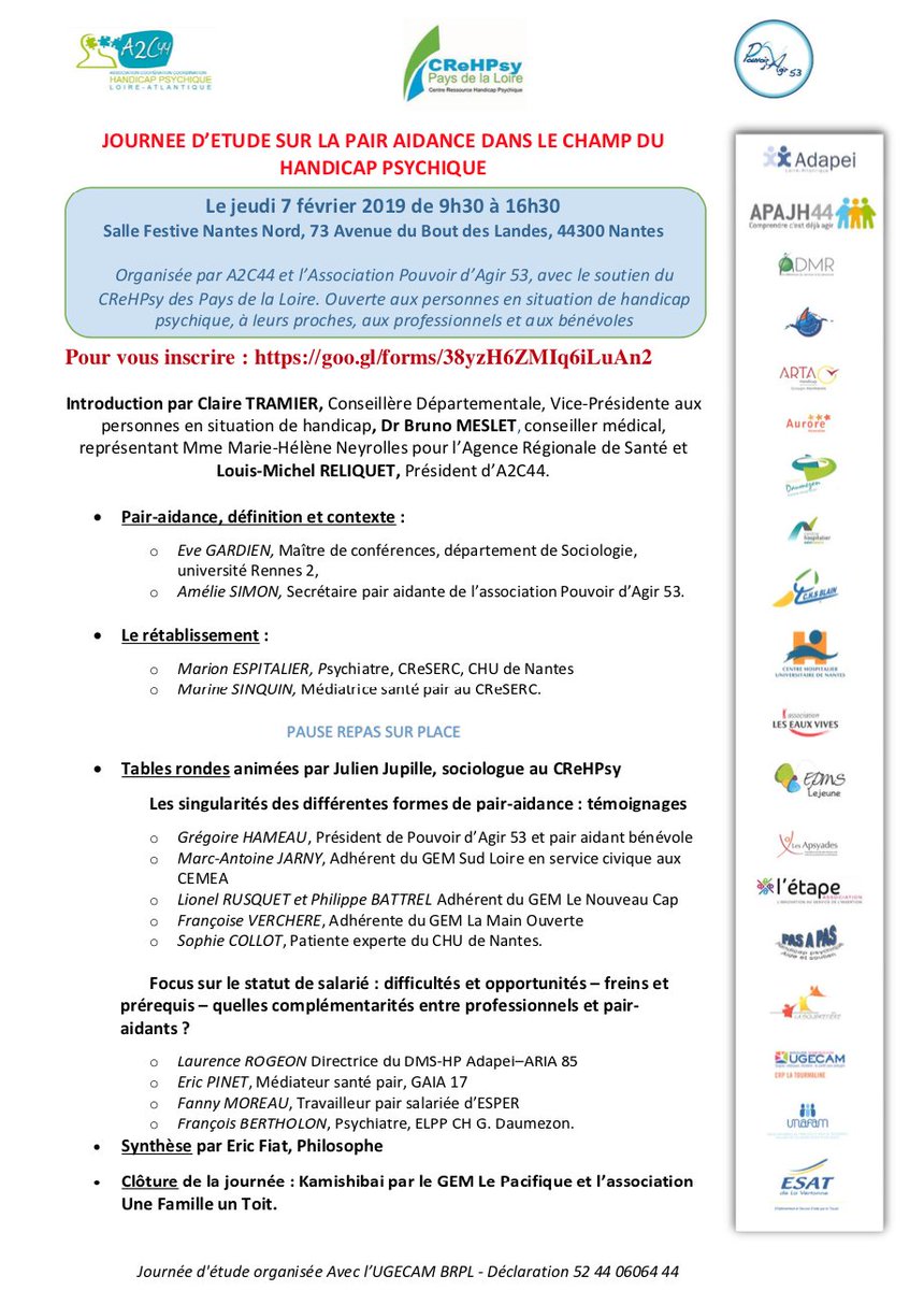 Le 7 février 2019: A2C44 , le <a href="/CReHPsy_PL/">CReHPsy Pays de la Loire</a> , et <a href="/Pouvoir53/">Pouvoir d'Agir 53</a> 😀
coorganisent une journée sur la pair aidance ! Venez nombreux on vous y attends! 
Intervention Eve Gardien Maitre de conférence en sociologie à l'université Rennes 2 et chercheuse 
a2c44.fr 
#pairaidance