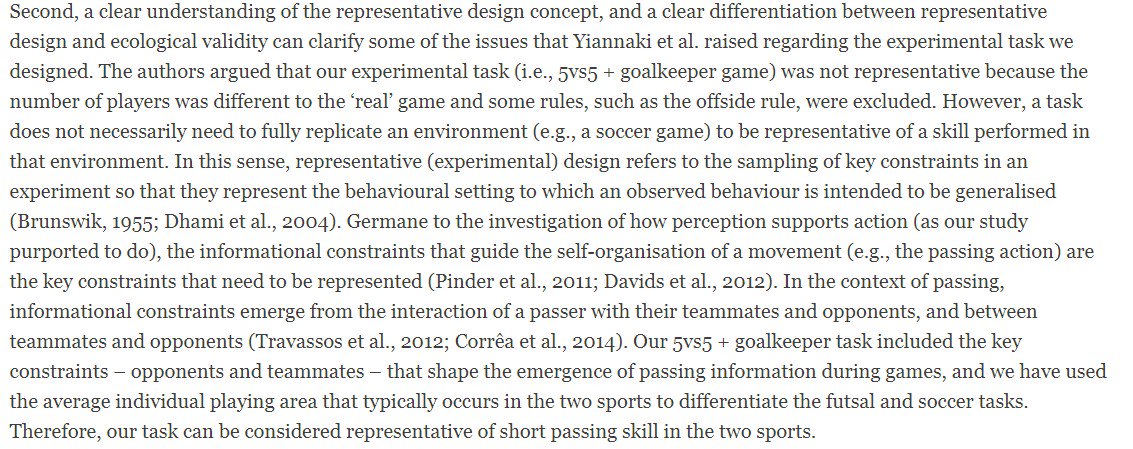 This a very important point well made in this article. Representative design does not require perfectly replicating the training environment. In fact, in most cases you should not be. It is preserving the key elements (information, coupling, etc) in the competitive environment.