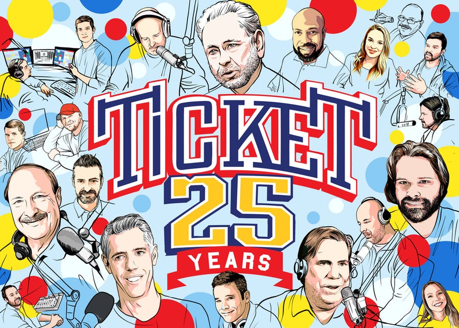 SportsDayDFW's tweet photo. 25 years and still going strong: The Ticket has tapped into the rarest of radio gold — sustained loyalty from its listeners. @dfwticket
 
📻👉: https://t.co/dMCt4LNssX

#Ticketstock25 | @MichaelHogueDMN https://t.co/cEaqqnQflD