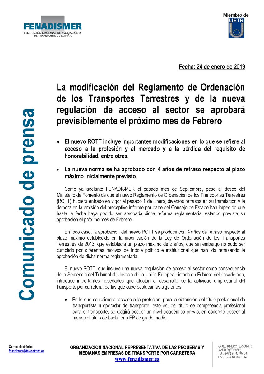 O Xrhsths Transportenews Sto Twitter La Modificacion Del Reglamento De Ordenacion De Los Transportes Terrestres Y De La Nueva Regulacion De Acceso Al Sector Se Aprobara Previsiblemente El Proximo Mes De
