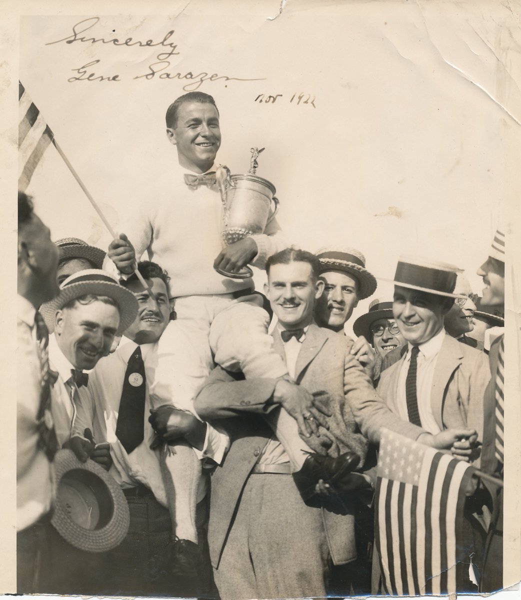 RelicSports's tweet image. In honor of the PGA Tour starting back up, here is a photo of then 21 year old Gene Sarazen being hoisted on shoulders following his first major victory (US OPEN) of the 7 he would go on to win. Sarazen signed and inscribed the photo Nov. 1922, making this signed pic 97 years old