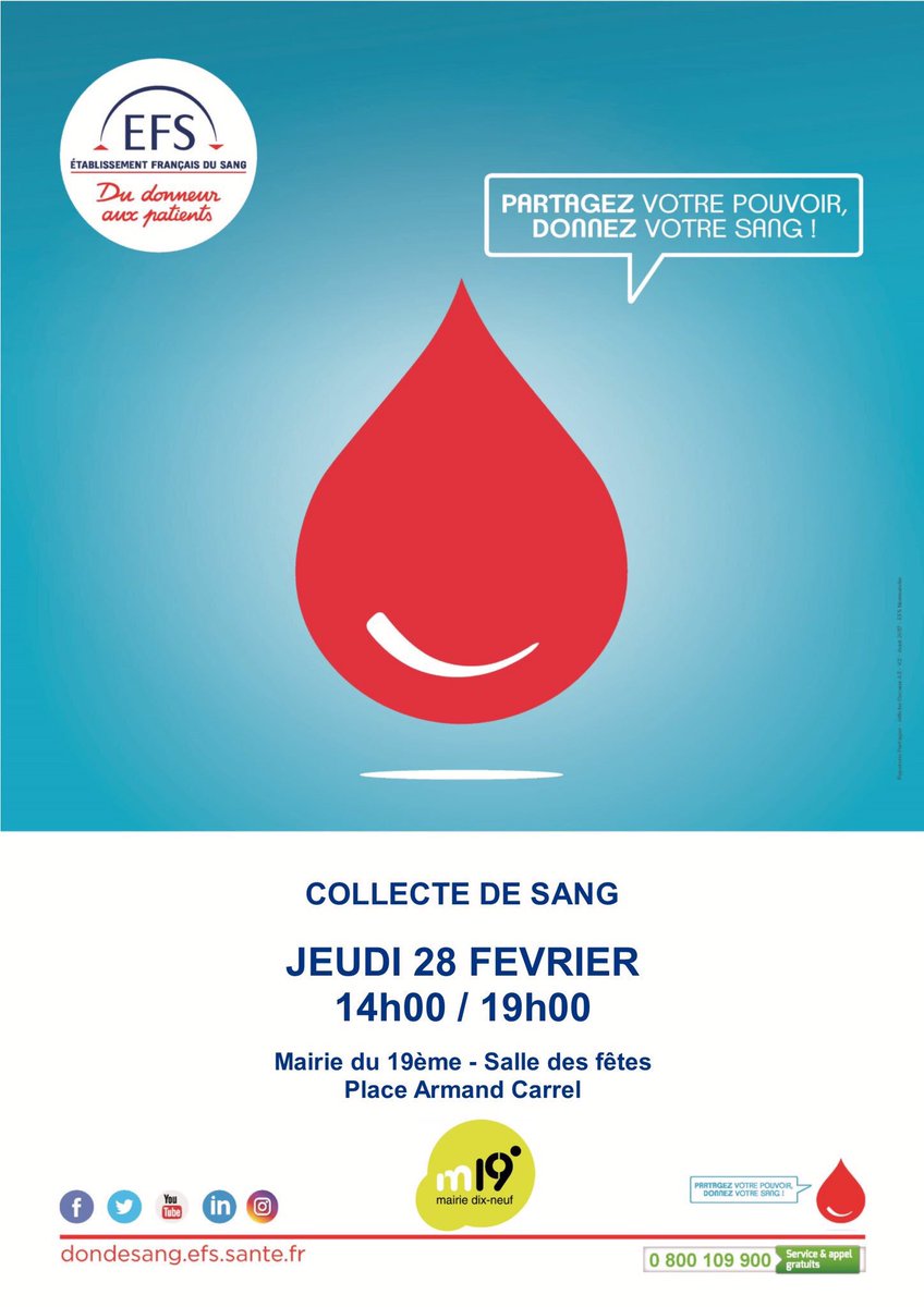 À vos agendas !
Le JEUDI 28 FÉVRIER 2019 partagez votre pouvoir, donnez votre sang ! Rendez-vous en mairie <a href="/Paris19e/">Mairie du 19e</a> de 14h à 19h avec <a href="/EFS_dondesang/">Établissement français du sang</a> <a href="/CrfParis19/">Croix-Rouge française à Paris 19</a> <a href="/PCParis19/">Protection Civile antenne de Paris 19</a> <a href="/sevguy/">Séverine Guy</a>