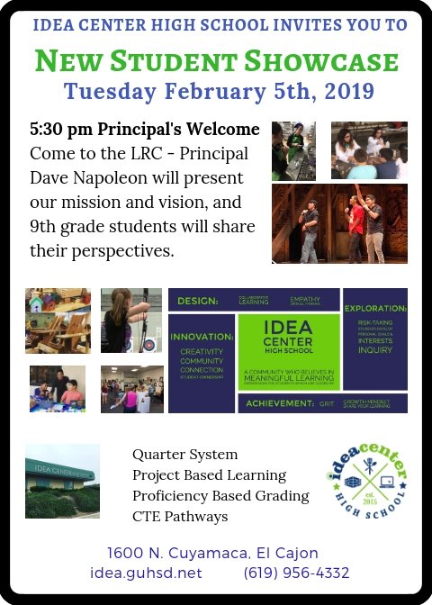 8th grade students and parents, and anyone else who may be interested...come join us February 5th for OPEN HOUSE and information night.  #IDEACenterHS @GUHSDTweet @SanteeCollabor  <a href="/CityofElCajon/">City of El Cajon</a>