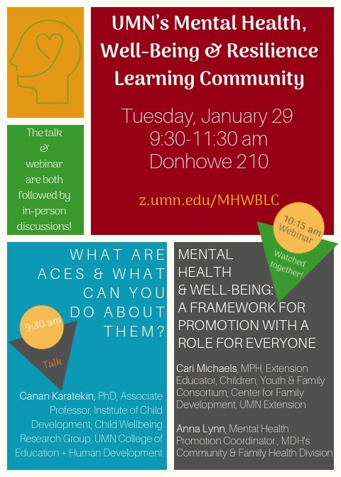 Please join CYFC at the January (1/29) Mental Health Wellbeing and Learning Community meeting! Our own Cari Michaels, will be speaking along with MDH's Anna Lynn, about building a mental health and wellbeing framework. See you there!