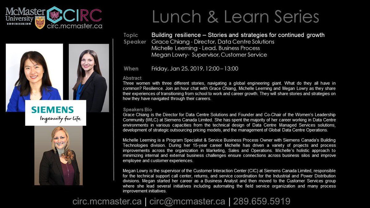 CIRC (@circ_mcmaster) on Twitter photo Join us this Friday <a href="/CIRC_McMaster/">CIRC</a> for our lunch and learn series "Building resilience-stories and strategies for continuous growth" by <a href="/Siemens/">Siemens</a> women's community leadership <a href="/McMasterEng/">McMaster Engineering</a> <a href="/womeninengineer/">Women In Engineering</a> #WomenInSTEM #womeninleadership Join us this Friday <a href="/CIRC_McMaster/">CIRC</a> for our lunch and learn series "Building resilience-stories and strategies for continuous growth" by <a href="/Siemens/">Siemens</a> women's community leadership <a href="/McMasterEng/">McMaster Engineering</a> <a href="/womeninengineer/">Women In Engineering</a> #WomenInSTEM #womeninleadership