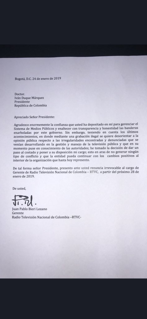 #Atención @jpbieri presenta renuncia irrevocable al cargo de gerente de <a href="/RTVCco/">Inravisión Colombia</a> a partir del próximo 28 de Enero. Igual deja a disposición del presidente <a href="/IvanDuque/">Iván Duque 🇨🇴</a> su cargo 🙄