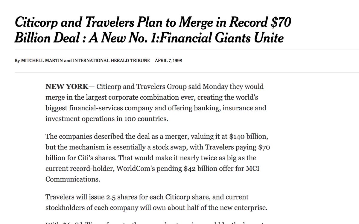 33. Approved this merger which was later the recipient of the biggest bailout.  https://www.nytimes.com/1998/04/07/news/citicorp-and-travelers-plan-to-merge-in-record-70-billion-deal-a-new-no.html