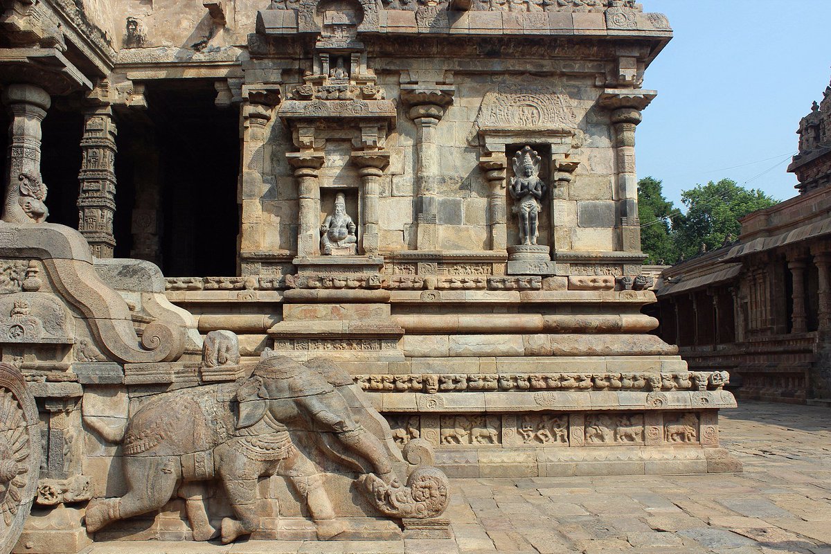 The Airāvatēśwara temple in Darasuram shows elephants dragging the cosmic chariot of the sun across the seasons. Such imagery has a dual purpose. Unti recent times in history, an elephant was an extremely important animal in the battle ground, and used as the seat of the king.