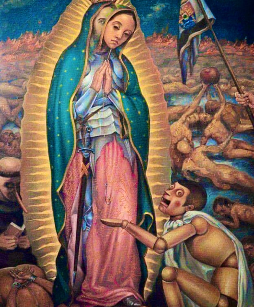 Polémica pintura donde se plasma la religión católica como una herramienta de dominación de los pueblos indígenas, incluyendo el culto a la V. de Guadalupe. Detrás de su rostro se ve el de Cortés. Qué opinas sobre esta curiosa imagen? #OPINA