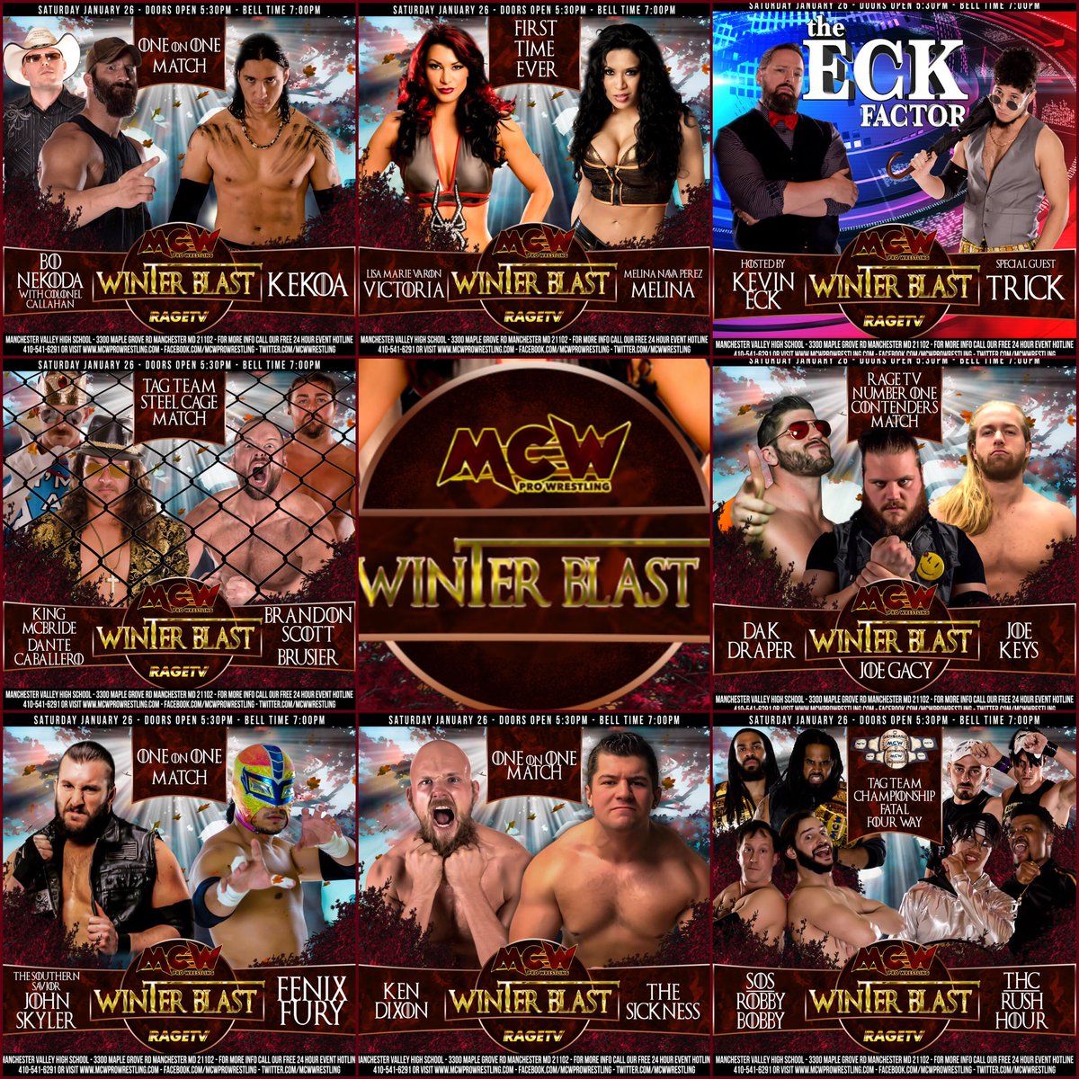 THIS SATURDAY NIGHT‼️👀 #MCWWinterBlast Manchester, MD #TheBoogeyman @RealMelina vs @REALLiSAMARiE Tag Team Steel Cage #MAINEVENT @VivaDanteViva & @KINGMcBrideofMD vs @ItsBrandonScott & #TheBruiser @MileHighMagnum v @JoeGacy v @CupOfJoeKeys MCWProWrestling.com 4 Tix