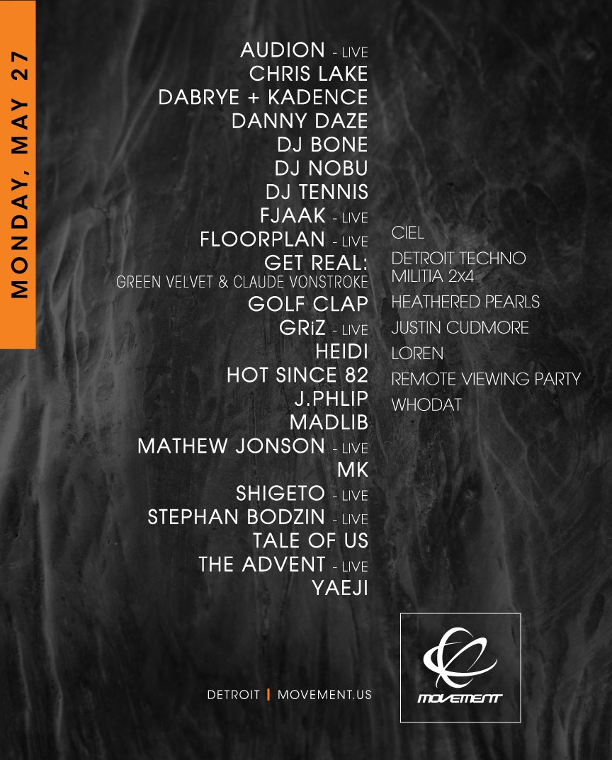 #MovementDetroit 2019 Monday lineup featuring <a href="/audion/">AUDION</a>, <a href="/stephanbodzin/">stephan bodzin</a>, <a href="/dj_nobu_ft/">DJ NOBU</a>, Floorplan, <a href="/griz/">GRiZ 🌈</a>, <a href="/greenvelvet_/">Green Velvet</a> + <a href="/vonstroke/">VonStroke</a> as Get Real, <a href="/madlib/">Madlib</a>, <a href="/marckinchen/">MK (Marc Kinchen)</a>, <a href="/kraeji/">Yaeji</a>, <a href="/__SHIGETO/">繁登</a>, <a href="/chrislake/">Chris Lake</a>,  <a href="/taleofus/">Tale Of Us</a> and more! Tickets➡️ bit.ly/MVMT2019