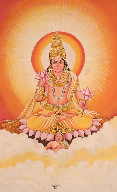 The second deity is Pūsha, the form of the sun who nourishes plants and animals. He is the south-facing sun of the summer."Om swasti na pūshā viśwa vēdāḥ"May Pūsha, who knows all in the universe, lead us to auspiciousness.Pusha refers to Kāma of the four Purushārthas.