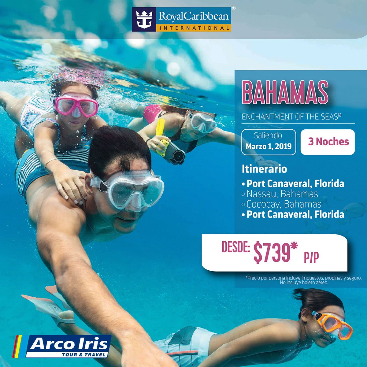 #Crucero a #Bahamas por 3 noches desde US$739.00 por persona, adiciona noches en #Orlando y completa tus vacaciones de película. #AquiQuieroEstar. Consulta nuestras tarifas aéreas.

Reserva al 203-1057 / 203-1058 o a ventas2@arcoirispanama.com / mercadeo@arcoirispanama.com