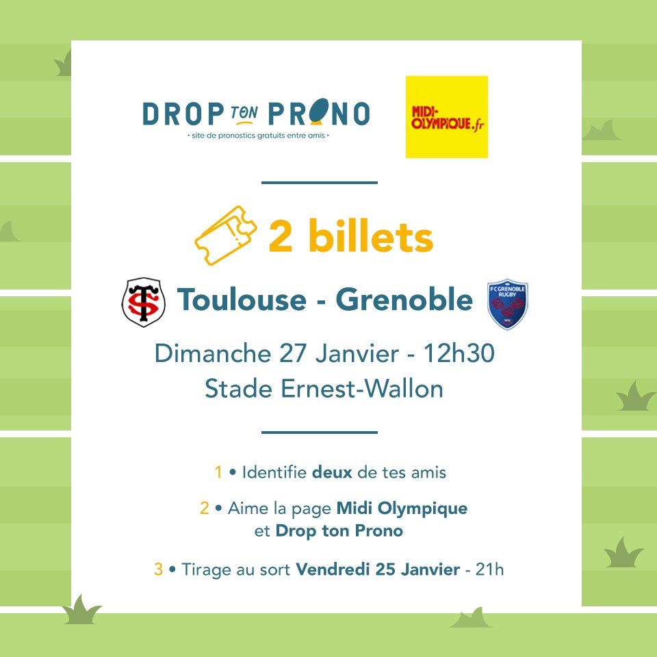 Droptonprono's tweet photo. 🚨🚨 Concours last minute ! 🚨🚨
En partenariat avec le @midi_olympique nous vous offrons deux billets pour la rencontre de @top14rugby entre le @StadeToulousain et @FCGrugby ! 🏉🎉 #rugby #jeuconcours #Top14 #prod2 #midiolympique #concours #france #sport #jeu #gratuit https://t.co/IWDmwVncMh