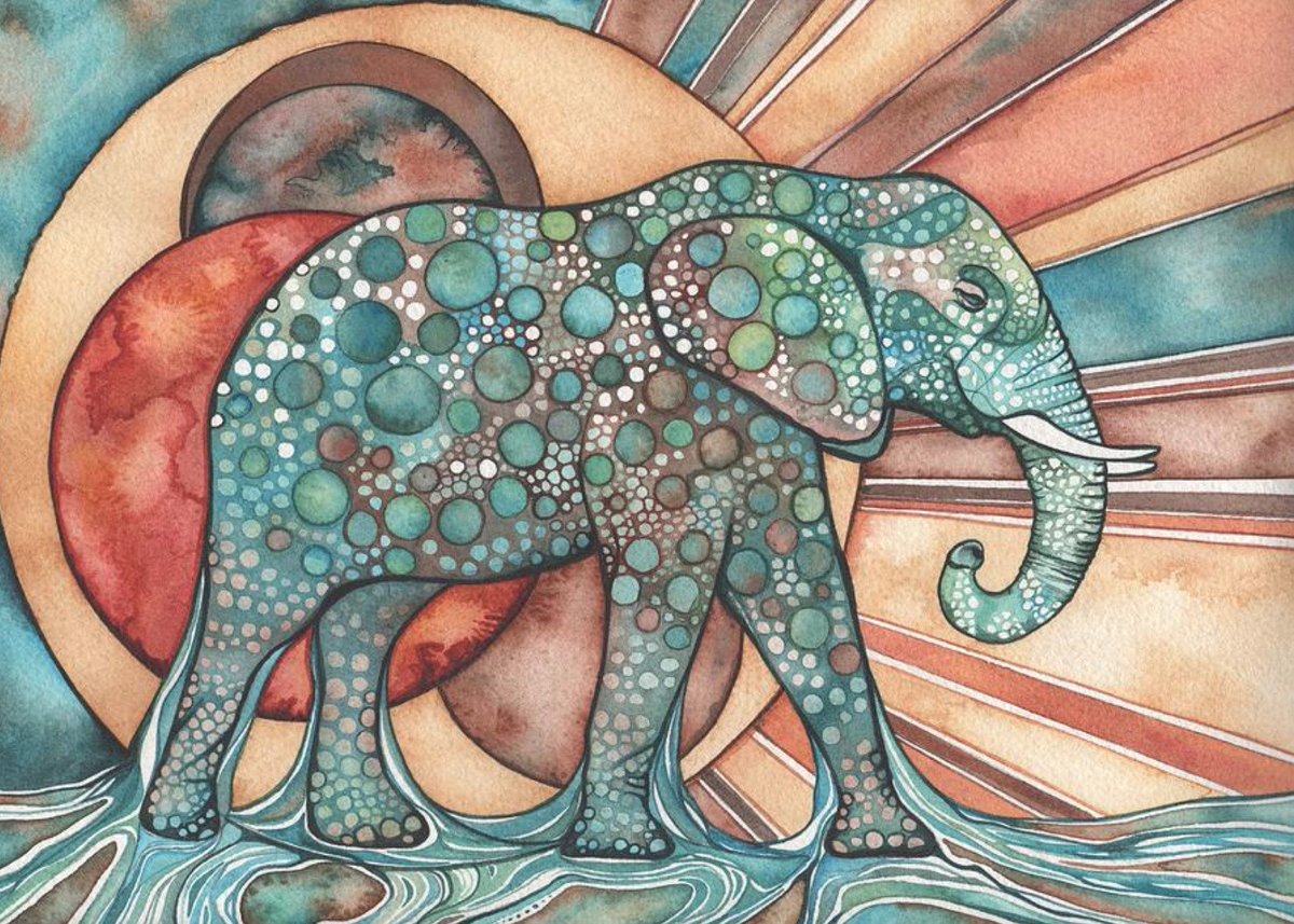 Gaṇēśa actually represents all these four deities and the Purushārthas. This is why Gaṇēśa is the first deity to be invoked in any Yajña (auspicious activity). The elephant is thus a charm of good luck in India.And probably anywhere in the world. (Art by Tamara Phillips).