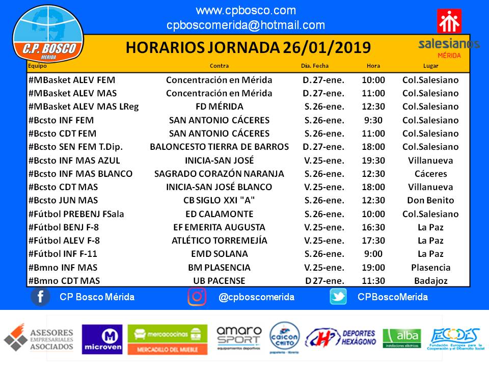 CPBoscoMerida's tweet photo. Nuestros partidos para el proximo fin de semana.
@CPBoscoMerida @SalesianoMerida @AmpaMeridaSales
#MBasket
#Bcsto
#Fútbol
#Bmno https://t.co/aM2Blp7y9t