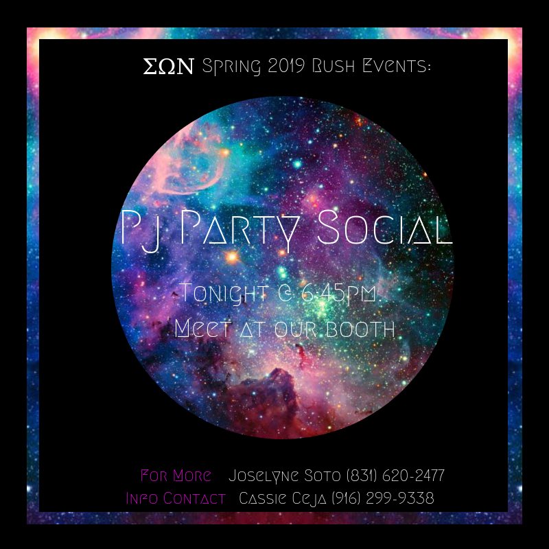 SacSunnies's tweet photo. Join the ladies of ☀️Sigma Omega Nu for our 👚PJ Social tonight‼️come enjoy some 🕹games, 🍬snacks and fun!  Get to know us and see how 💫stellar the ☀️sunnie life is! Meet in front of our booth at ⏰6:45! Hope to see you there🤗
#SigmaOmegaNu #SON #Sunnies #ΣΩΝ #SpringRush2019 https://t.co/gRwdAKWw0y