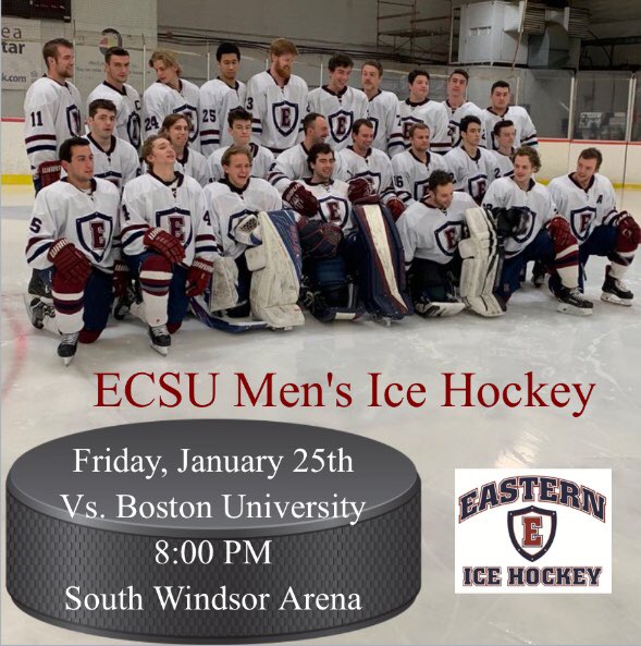 easternSTUact's tweet photo. @ECSUmenshockey will be back home tomorrow night again Boston University! The puck drops at 8 pm in South Windsor Arena. Come out and show your support! https://t.co/FNrmdqL7ZK