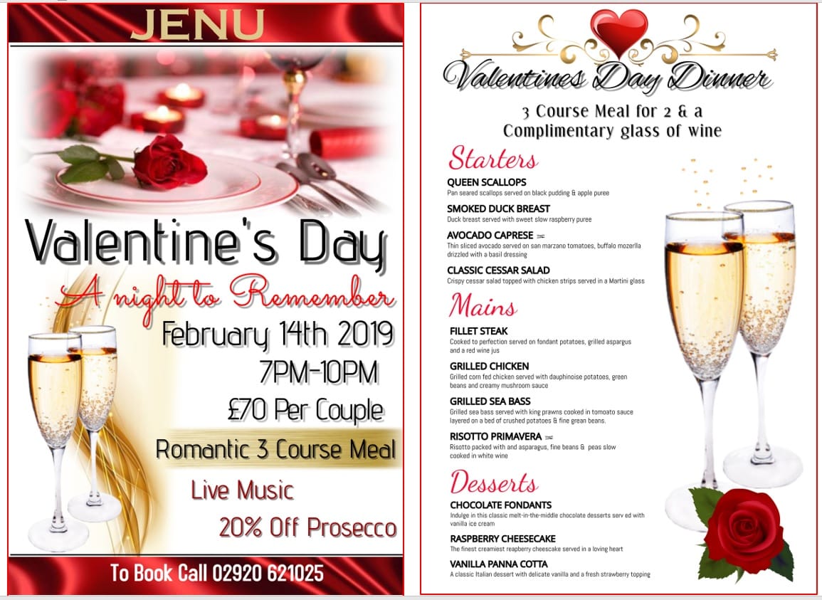 JENU_CARDIFF's tweet photo. Valentines Night Offer @ Jenu Cardiff - Romantic 3 course meal & Live entertainment! A night to remember! To book call 02920 621025
#jenu #jenucardiff #ValentinesDay #ValentinesDay2019 https://t.co/1PBY9M5CcL