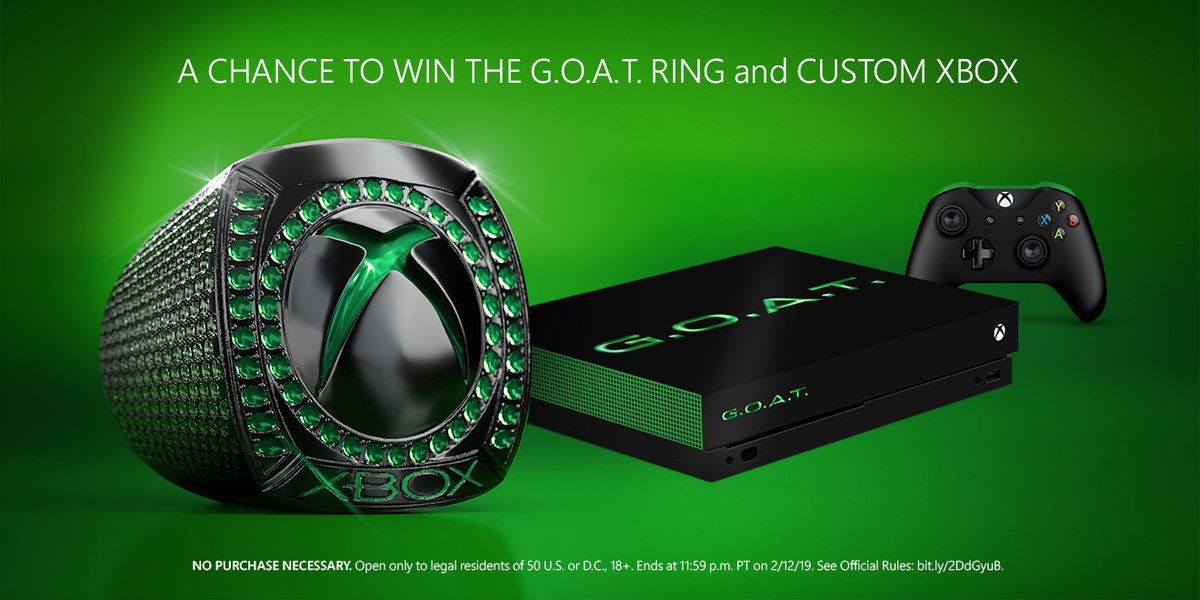 Go ahead, get the Super Bowl party started early 🏈🎉

Buy 3 months of Xbox Live Gold for a chance to win an Xbox G.O.A.T. Edition Ring, custom Xbox One X, and more #Madden19 swag. NoPurchNec. Ends February 12. Rules: xbx.lv/2Mv8Pj9