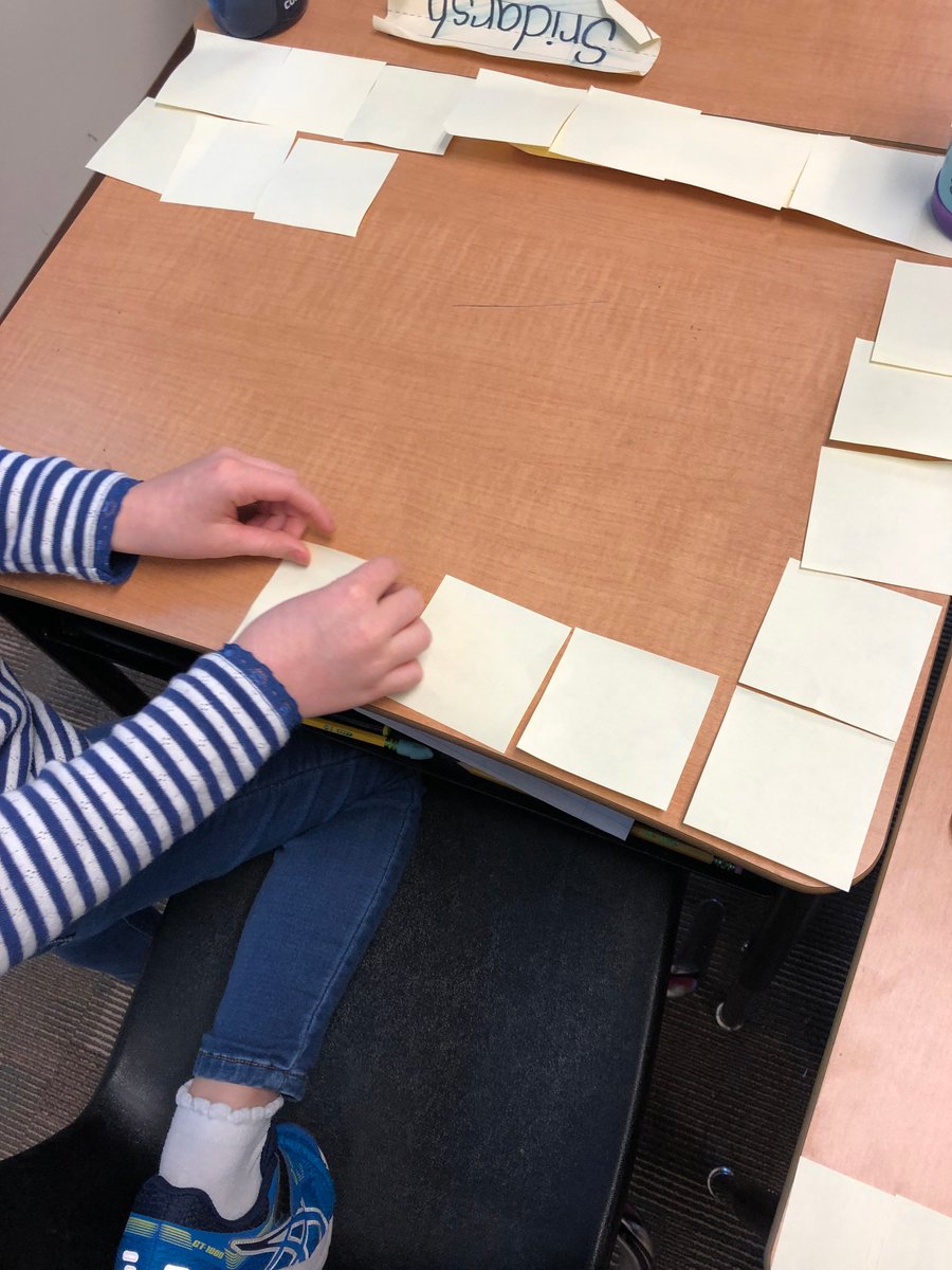 Mrs_Moore4's tweet photo. Exploring area this week! Trying to calculate the area of our desks with only the handful of post-its we've been given. Lots of great thinking going on! @ElsaEngRRISD @EMathRRISD https://t.co/gnzZ10QEF1