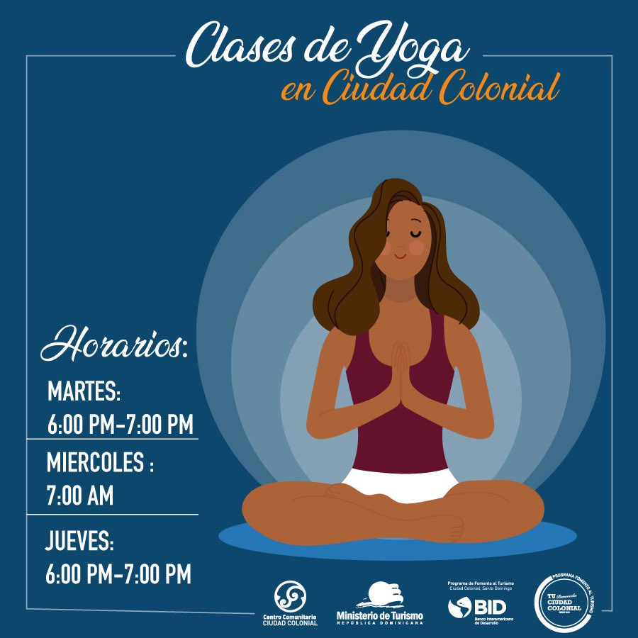 Tu Ciudad Colonial (@tuccolonialrd) on Twitter photo Se reincorporan las clases de yoga en tu Ciudad Colonial, así que ven y forma parte de estas clases impartidas de forma gratuita por el PFTCC, Para más información, Centrocomunitariociudadc@gmail.com o llámanos al 829-545-1548 Ext. 7305
Edif. Saviñón,C/ El conde Esq. José Reyes. Se reincorporan las clases de yoga en tu Ciudad Colonial, así que ven y forma parte de estas clases impartidas de forma gratuita por el PFTCC, Para más información, Centrocomunitariociudadc@gmail.com o llámanos al 829-545-1548 Ext. 7305
Edif. Saviñón,C/ El conde Esq. José Reyes.