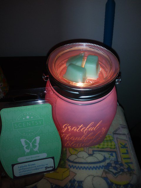 Grateful, Thankful, Blessed mason jar #warmer adorning Just Breathe wax melt. It changes from purple to pink when on. Let's share pics of your favorite warmer!

#waxwarmer #warmers #waxcommunity #waxmeltaddicts #waxmeltlovers  #scentsy #scentsylovers #whatimmelting #meltingnow