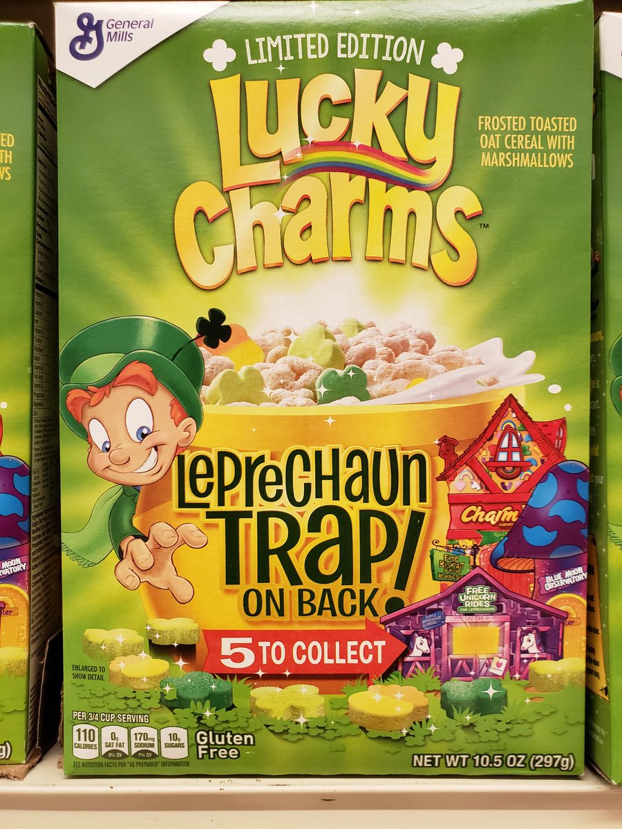 General Mills Lucky Charms Cereal with Leprechaun Trap on the back 
#GeneralMills #cereal #GeneralMillsCereal #Lucky #Charms #LuckyCharms #LuckyCharmsCereal #Leprechaun #Trap #leprechunTrap #GeneralMillsLuckyCharms