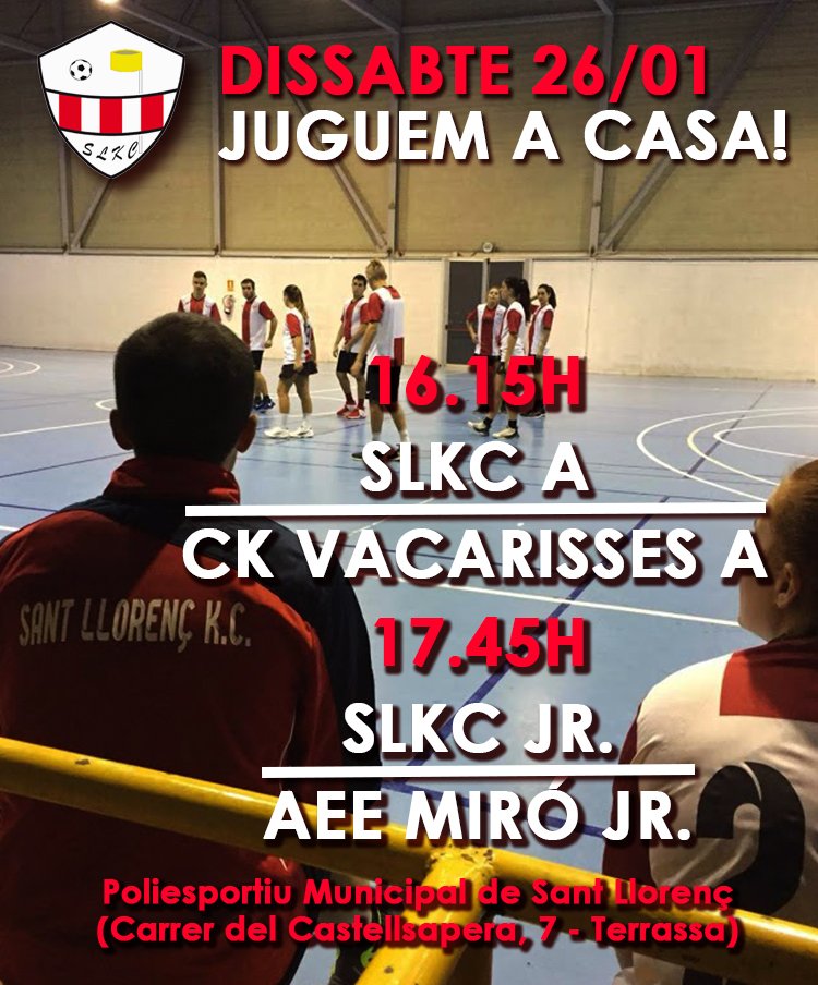 Aquest dissabte 26 de gener juguem a casa!

🕓 16.15h
SLKC A - CK VACARISSES A

🕠 17.45h
SLKC JR. - AEE MIRÓ JR.

📌 Poliesportiu Municipal de Sant Llorenç (Carrer del Castellsapera, 7 - Terrassa)

1, 2, 3... SLKC❗️

Us hi esperem!

<a href="/korfbalcat/">Fed. Cat. Korfbal</a> <a href="/ckvacarisses/">C.K. Vacarisses</a> <a href="/CKMontcada/">Korfbal Montcada</a>