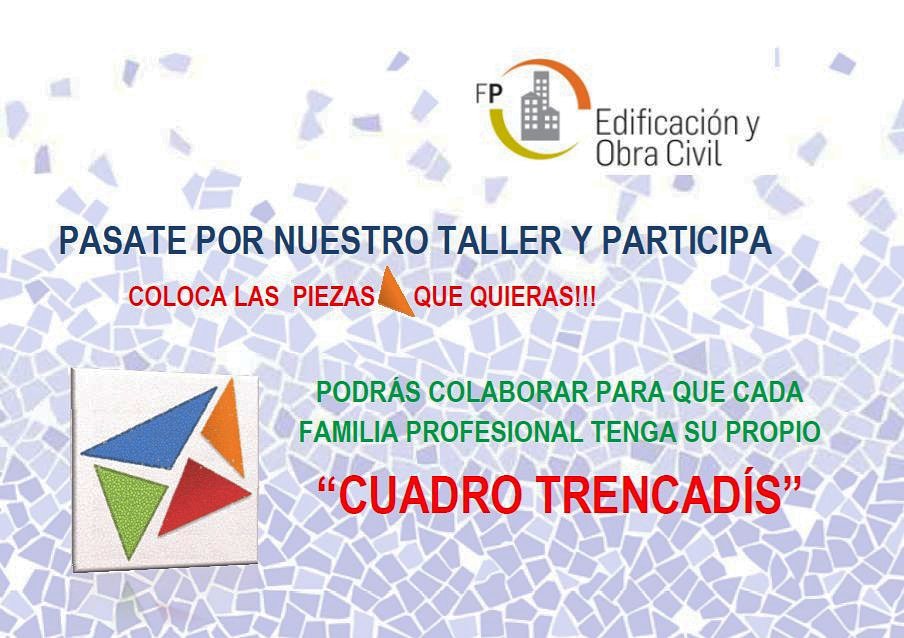 lluciamoreno21's tweet photo. Actividad para realizar el próximo 30 en el día de convivencia.
"Elaboración de cuadro #trencadis para tu familia profesional"
CFGM obras de interior, decoración y rehabilitación 👷♂️👷♀️ #edificacioaprenent #ciutatdelaprenent #FP https://t.co/bCiZj5OJXE
