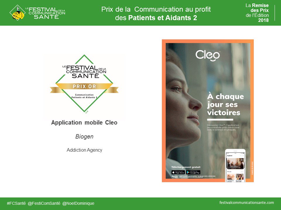 FestiComSante's tweet photo. #FCSanté : Prix de la Communication au profit des Patients et Aidants 2 - Prix Or Application mobile Cleo de @biogen réalisée avec @AddictionAgency 
#hcsmeufr https://t.co/FmpCuzTN6u