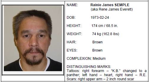 wpgpolice's tweet photo. A Canada-wide warrant has been issued for Rainie Semple (also known as Rene Everett) for being unlawfully at large. Semple has a lengthy history of violent and sexual offences. If you have any info regarding his whereabouts, please contact investigators: https://t.co/JL6MZeiJHS https://t.co/CPgZMzoipy