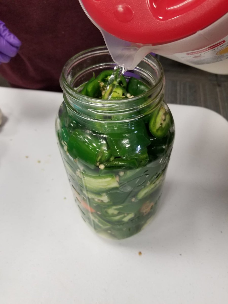 QuaveEthnobot's tweet photo. Today in “Food, Health &amp; Society” we covered technological adaptations to food processing. Fun activity: we set up our hot sauce ferments using brine, jalapeños, garlic &amp; habaneros! Now we wait for the microbes to work their magic! #fermentedfood #foodie #planthunter #emory https://t.co/M4cJlV1pfF