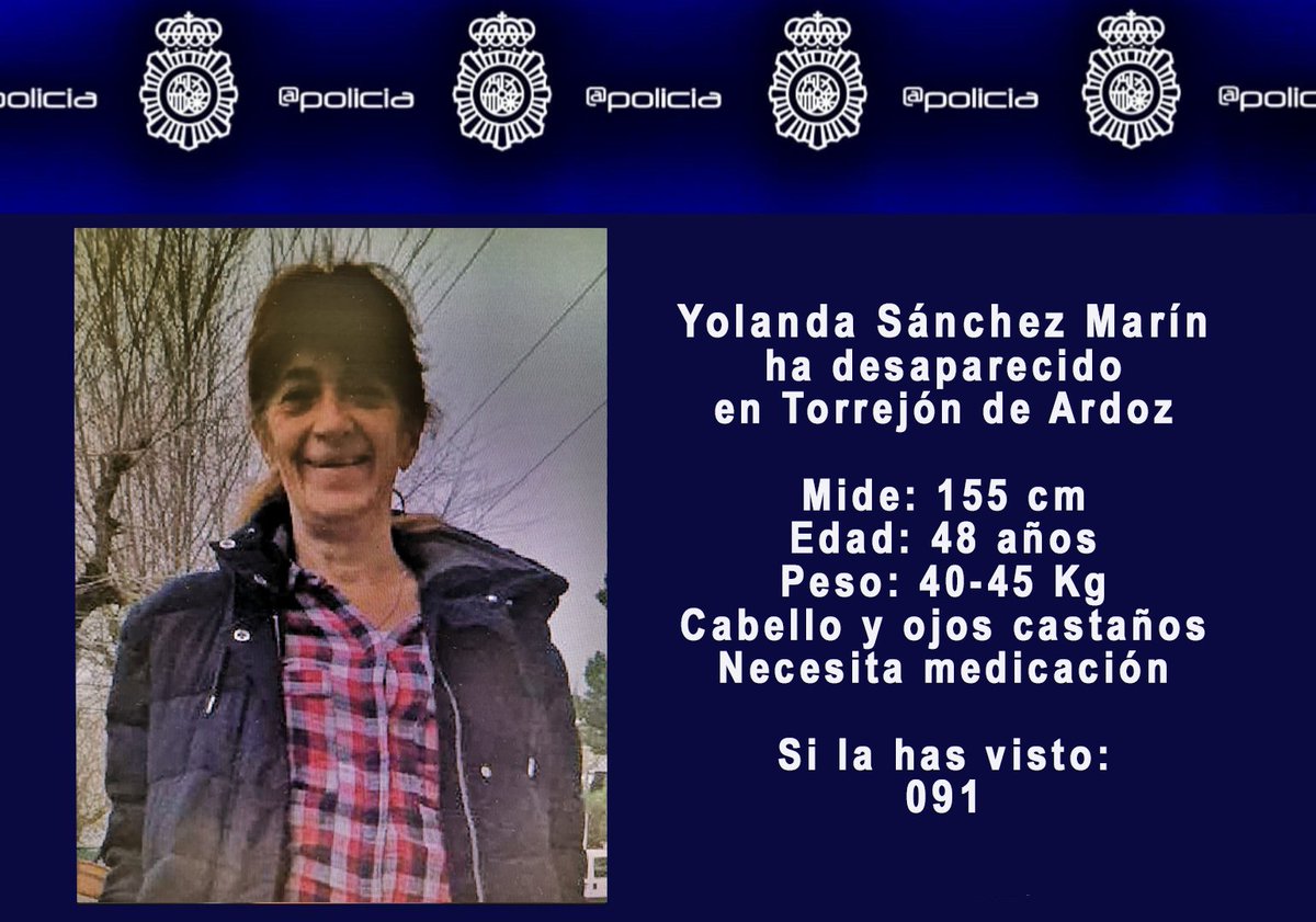 🆘URGENTE⚠
Yolanda Sánchez Marín necesita medicación y ha desaparecido en #TorrejónDeArdoz, #Madrid.
Si la has visto o tienes algún dato sobre su paradero, por favor: 📞091
Un RT no cuesta nada y puede ayudar a encontrarla.
¡Gracias!