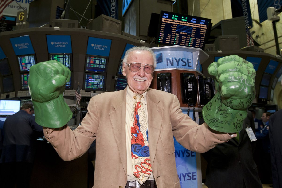 TheRealStanLee's tweet image. #tbt to Stan calling the shots on the floor of the New York Stock Exchange in 2010 – in his Spidey tie and Hulk hands, no less!