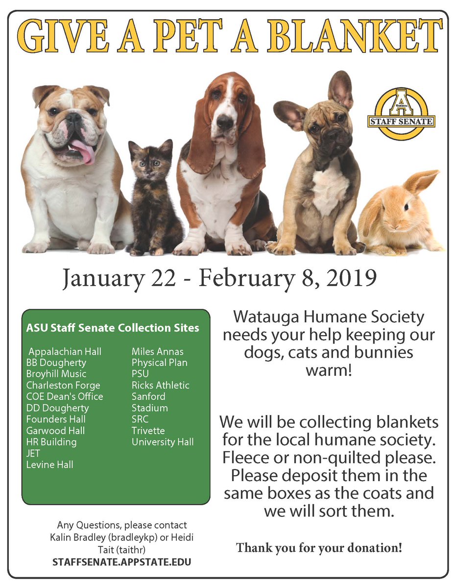AppStaffSenate's tweet image. The Winter Coat and Blanket drive is on now! 

Clean out those closets! 

Gently used or new winter-wear (including coats, hats, scarves, and gloves) will go to the University Sustainability Free Store and old blankets, sheets, and towels to the Watauga County Humane Society.