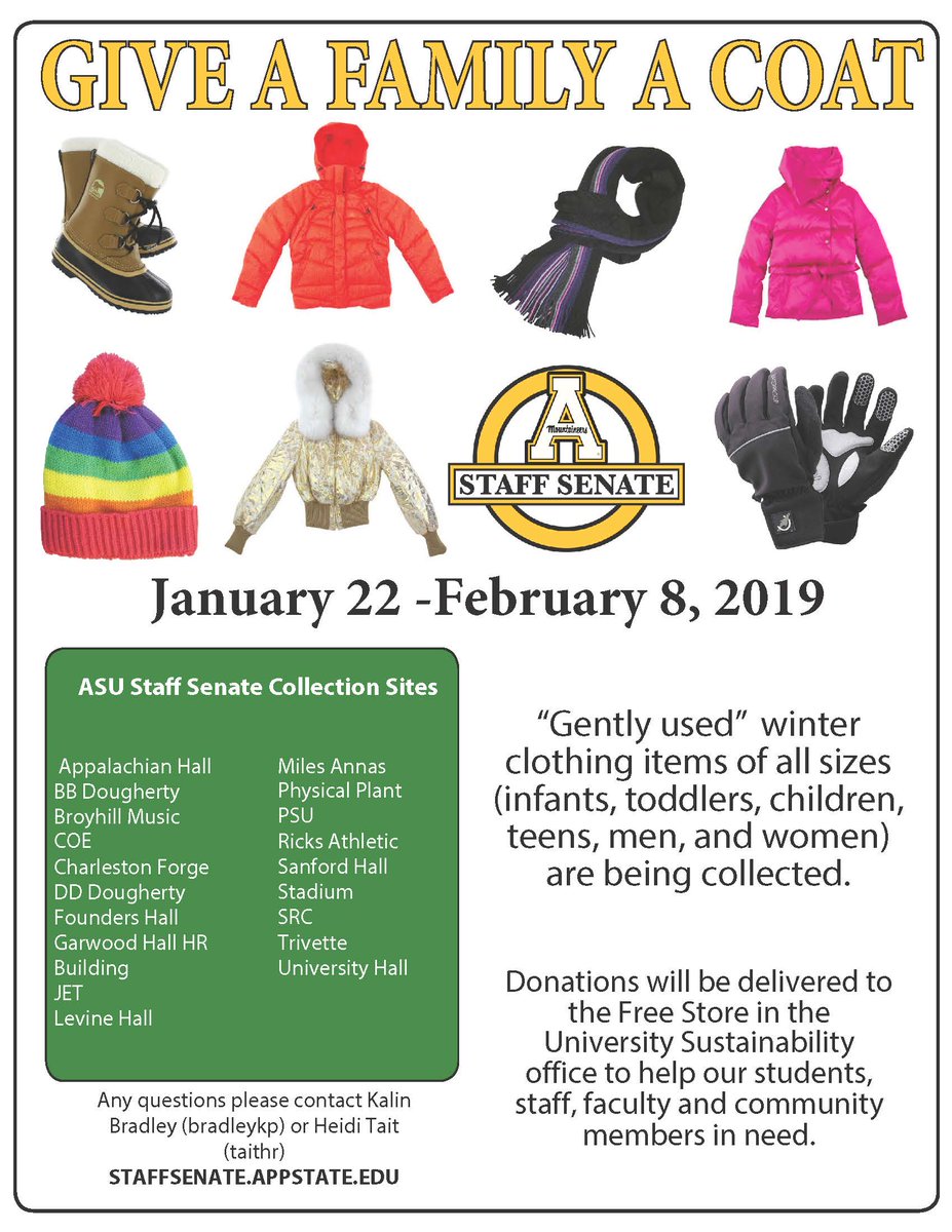 AppStaffSenate's tweet image. The Winter Coat and Blanket drive is on now! 

Clean out those closets! 

Gently used or new winter-wear (including coats, hats, scarves, and gloves) will go to the University Sustainability Free Store and old blankets, sheets, and towels to the Watauga County Humane Society.