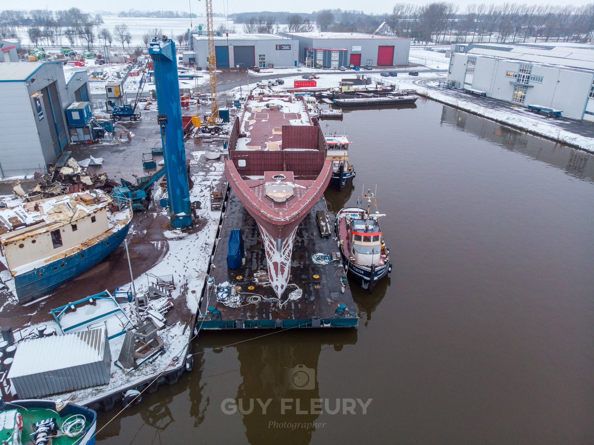 Dutchyachting's tweet photo. #ProjectCastor's #successor is already there to be completed by #HeesenYachts in #Oss. Guy headed to #Franeker, hometown of #ScheepswerfTalsma, to take these #beautiful aerial shots of the 55m/ 180ft steel #hull which will go on #transport soon. Photos by GuyFleury Photography https://t.co/tJDzaou38R