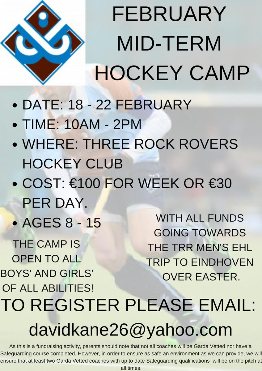 #RoversRoad2Eindhoven mid-term hockey fundraiser! Any and all players, be coach by some of Ireland's finest, both indoor and out, while having fun! #KO16
#leinsterhockey <a href="/hookhockey/">The Hook</a>