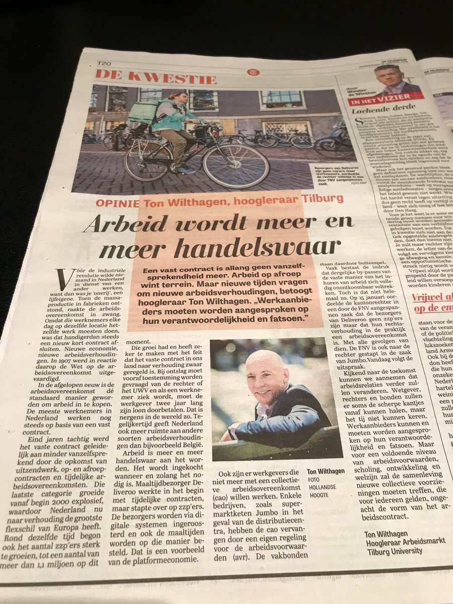 Eens met de Tilburgse hoogleraar @Wilthagen <a href="/telegraaf/">De Telegraaf</a>: “Voor een voldoende niveau van arbeidsvoorwaarden, scholing, ontwikkeling en welzijn zal de samenleving nieuwe collectieve voorzieningen moeten treffen, die voor iedereen gelden, ongeacht de vorm van het arbeidscontract.”