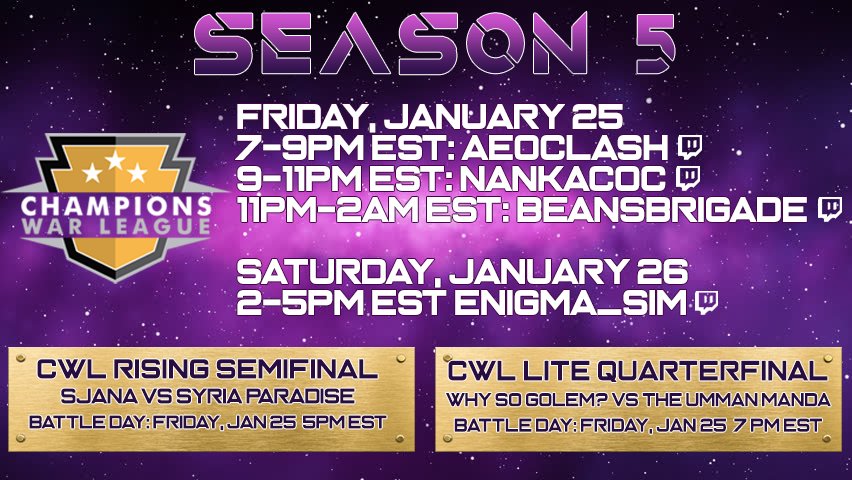 Epic <a href="/champwarleague/">Champions War League</a> stream ahead! 

CWL Lite Quarterfinals: <a href="/whysogolem/">Why so Golem?</a> v. <a href="/TheUmmanManda/">The Umman Manda</a> 
CWL Rising Semifinals: <a href="/SjanaCOC/">Sjana</a> v. Syria Paradise

Streams by <a href="/CocNanka/">Nanka COC</a> <a href="/Beansbrigade_/">Beansbrigade</a> @SimClashing and me 🥰

GLHF to all teams but really... #bewarethegolem! 🔥