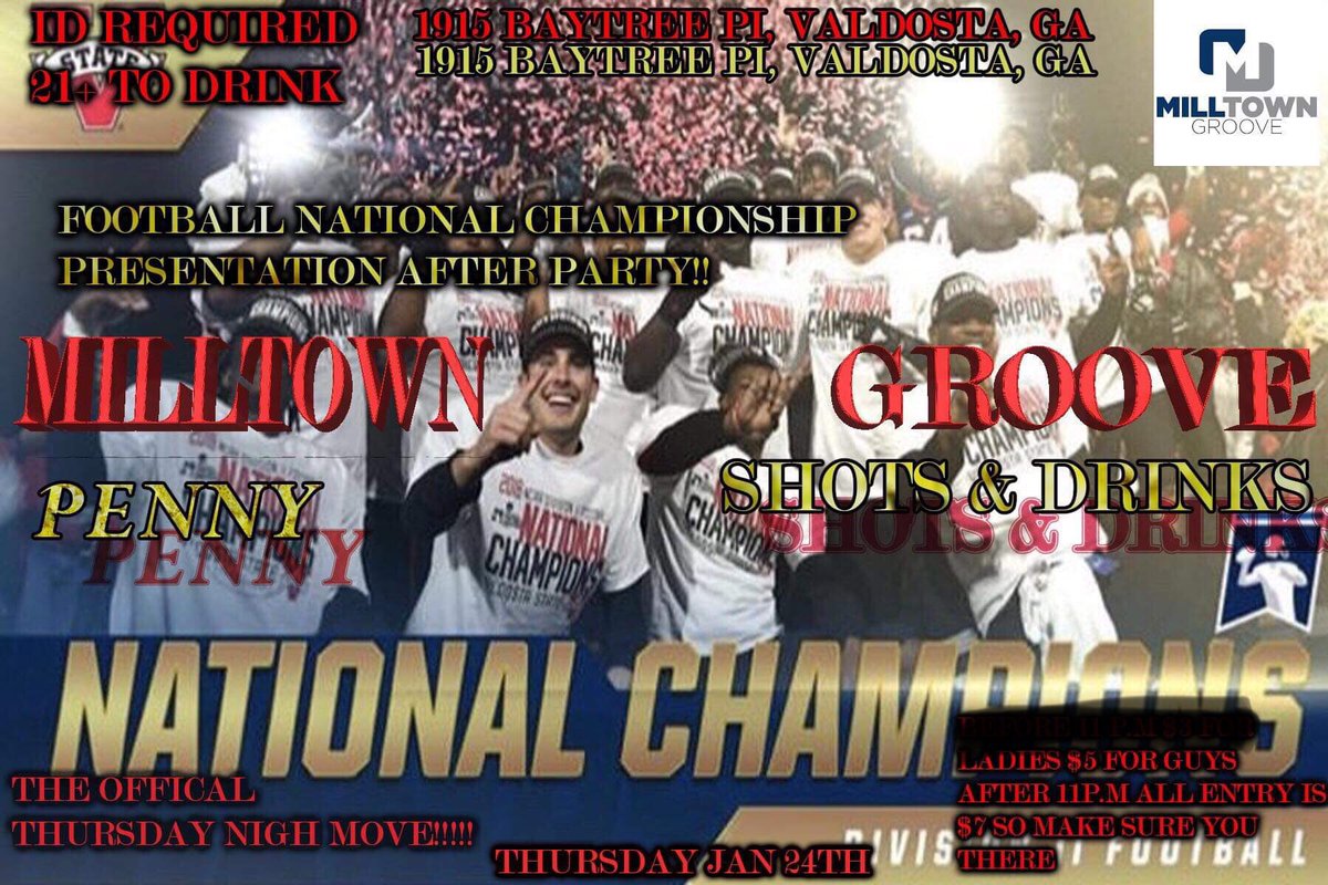 MilltownGroove's tweet photo. Tonight we THROWDOWN!! Congrats VSU Football! Official after party tonight with @OchoBoomin !! ALL FOOTBALL PLAYERS IN FREE TIL 10:30! #pennynight https://t.co/FJwdxPta53