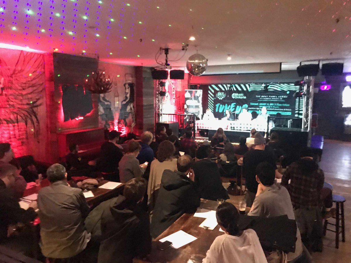 MusicOntario's tweet photo. .@hideouttoronto is packed on this chilly Thursday evening for our Stretching-A-Buck Tune Up Toronto panel presented in partnership with The Bout! Feat: Joe Bartok (@TITDinc), @amandamartinezm, Jaimie Milburn (Golden Child Recording) and Eric Jafry (@CoalitionMUS) https://t.co/WcZzbOOEtQ