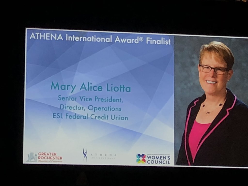 ESLFCU's tweet photo. Congratulations to our own #ROCATHENA finalist Mary Alice Liotta! Thank you for all of the leadership and mentorship you provide at ESL. https://t.co/IuOehTldpy