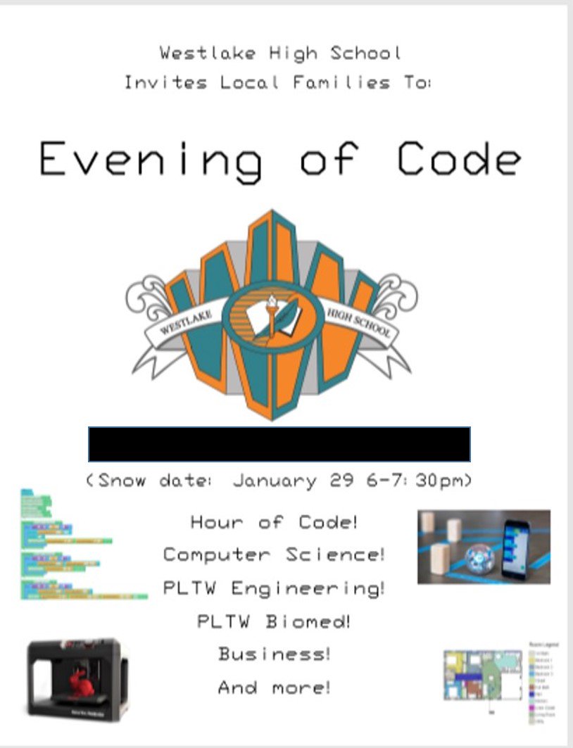 Westlake_HS's tweet image. Westlake Community - Join us on Tuesday, January 29th at 6 p.m. for our Evening of Code! @codeorg Make it a family affair! #ourBlockourSchoolourCommunity #codingtogether #Wolverinescode