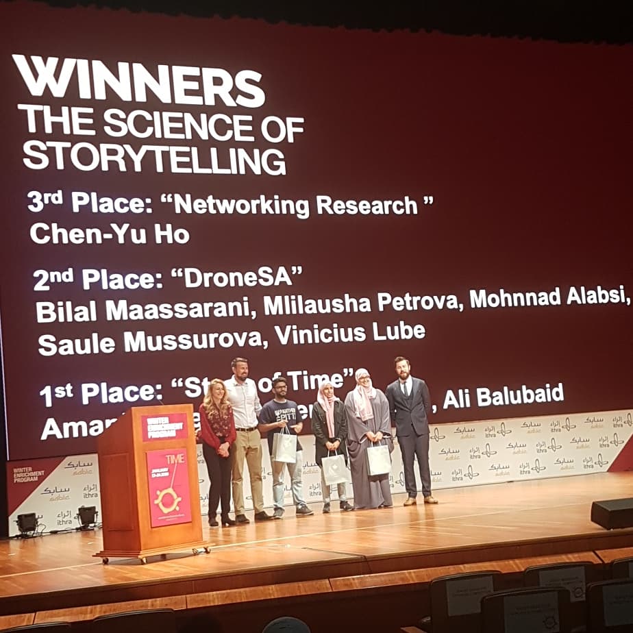 CinematicSci's tweet photo. Congratulations to all the teams at this year's 'Science of Storytelling' workshop - part of @KAUST_News #WEP2019 - for all their great videos promoting science! Well done to the winners of the best overall prize for their 'Story of Time' video #scicomm #videomaking #sciart https://t.co/AaOYXbF44l